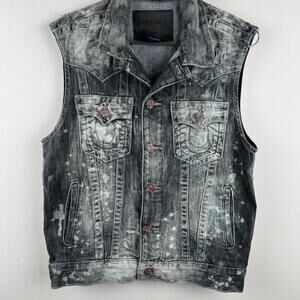 True Religion Vest Mens S Gray Bleached Denim Trucker Distressed